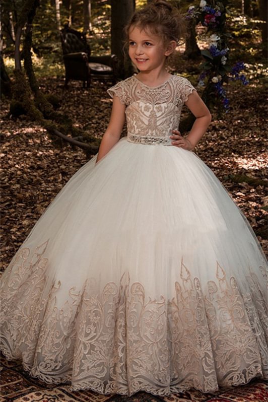Luluslly Short Sleeves Lace Flower Girl Dress Ball Gown Tulle With Beads