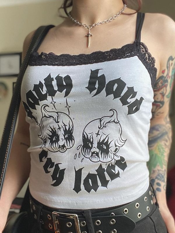 Goth Graphic Printed Lace Paneled Crop Vest