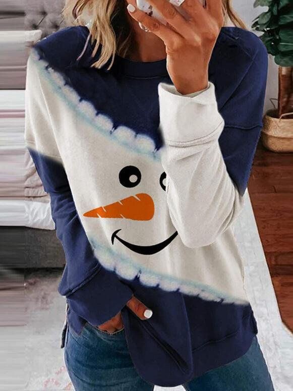 Color Block Snowman Print Round Neck Trendy Sweatshirt