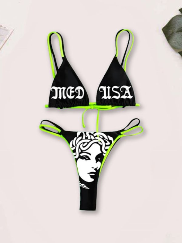 Sexy Graphic Printed Layered String Color Block Bikini Sets