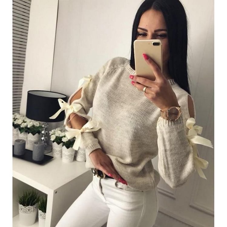 Mayoulove Knitted Bowknot Hollow Out Thin Long Sleeve Pullover-Mayoulove