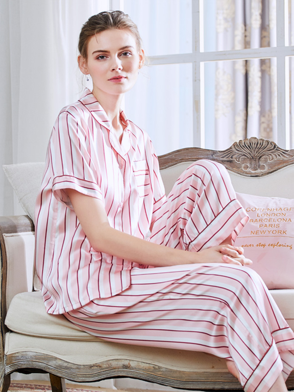 19 Momme Silk Short Sleeves Pink Stripes Pajamas Set