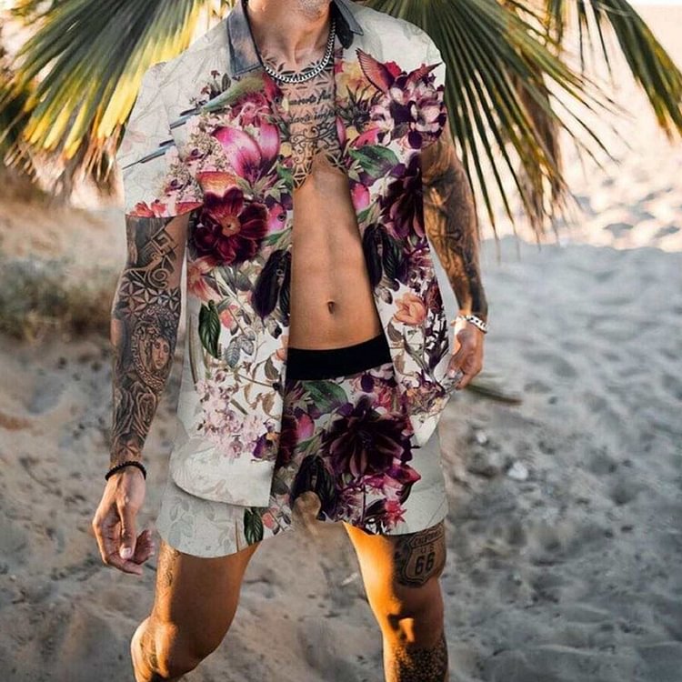 BrosWear Floral Print Shirt and Shorts Beach Set White Red