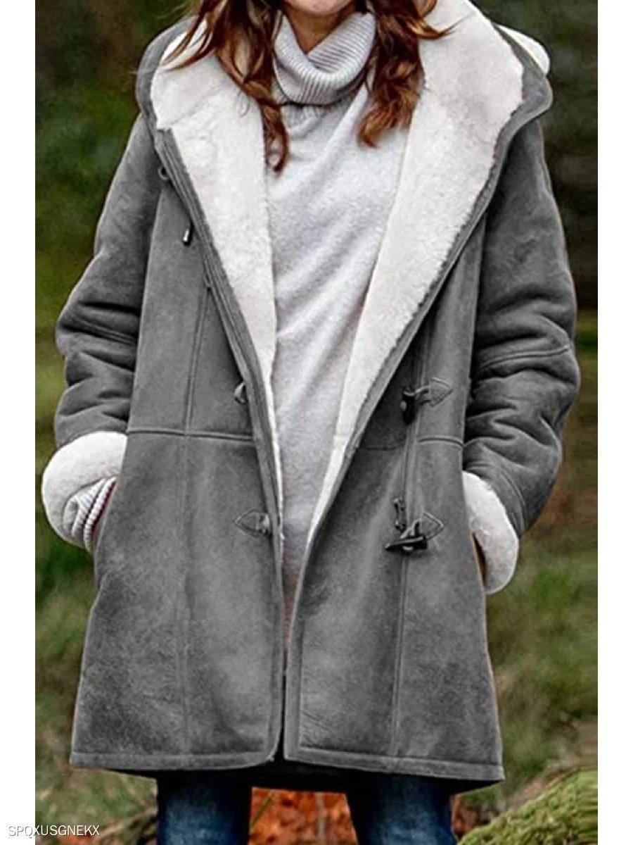 Fashion Solid Color Casual Hooded Jacket Plus Fleece Mid-length Coat-Corachic