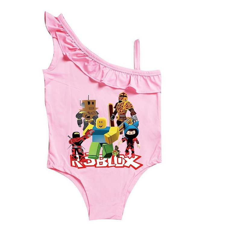 Mayoulove Girls Roblox Print Ruffle One Shoulder One Piece Swimwear Bathing Suit-Mayoulove