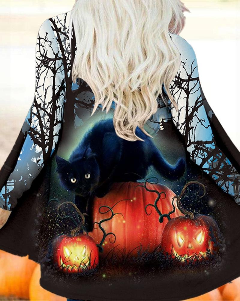 Autumn Women'S Cat Pumpkin Printed Cardigan