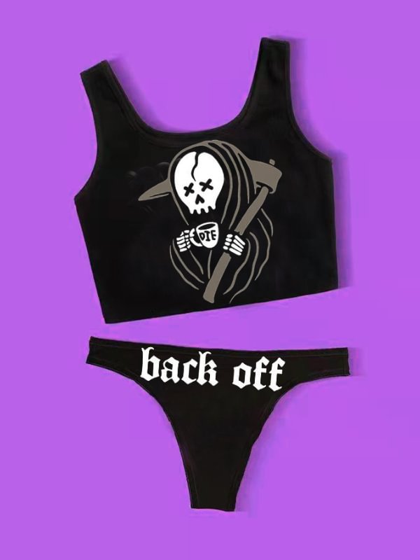 Skull Drinking Color Block Vest Triangle Bottom Two-piece Bikini Sets Swimwear