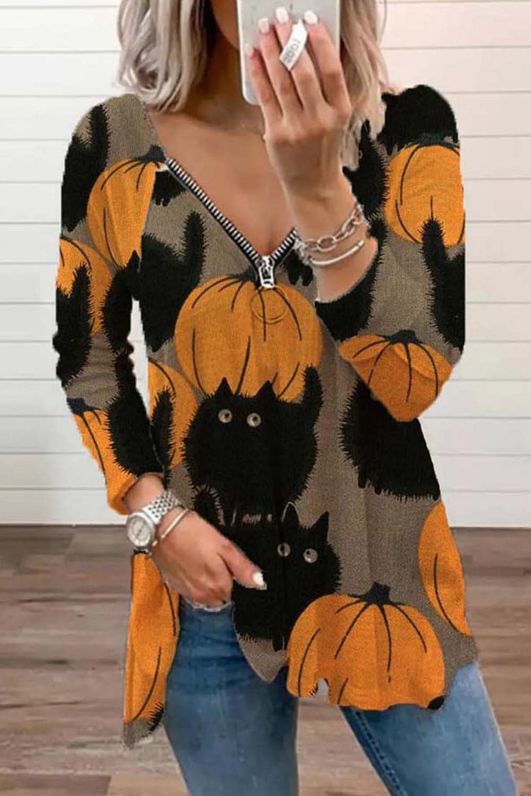 Women's Pullovers Pumpkin Cat Print Pullover-Mayoulove