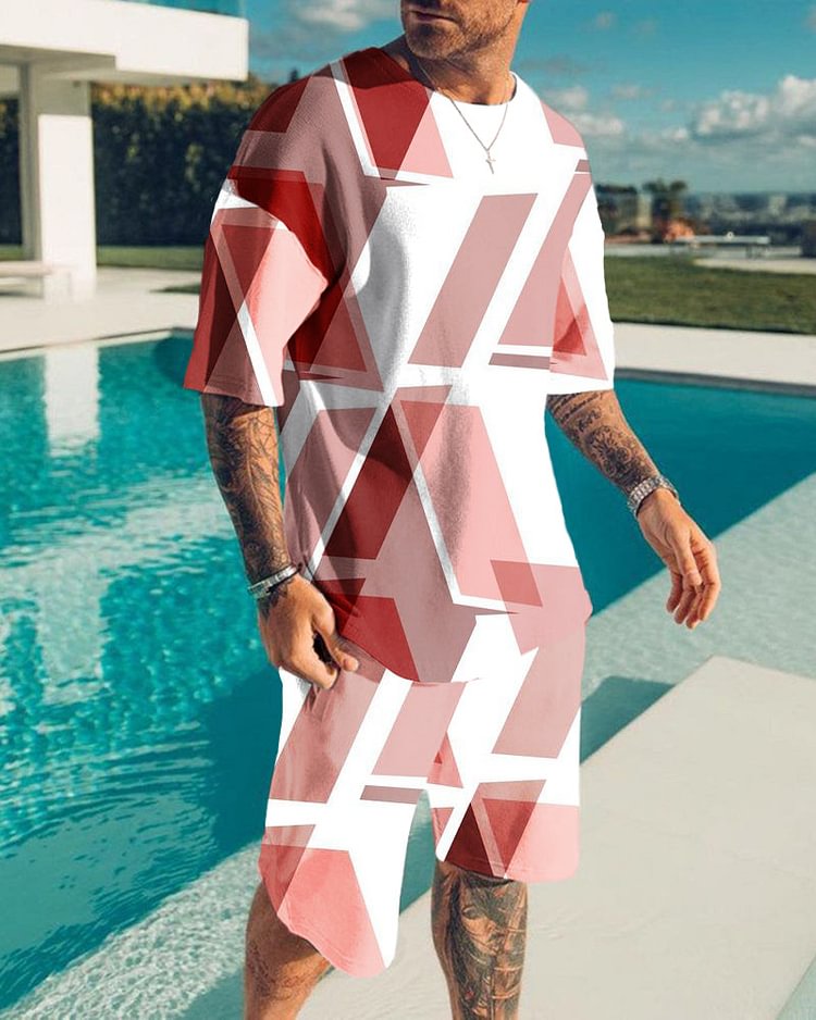 Men's round-Neck and Pink Square Printed Sports Suit