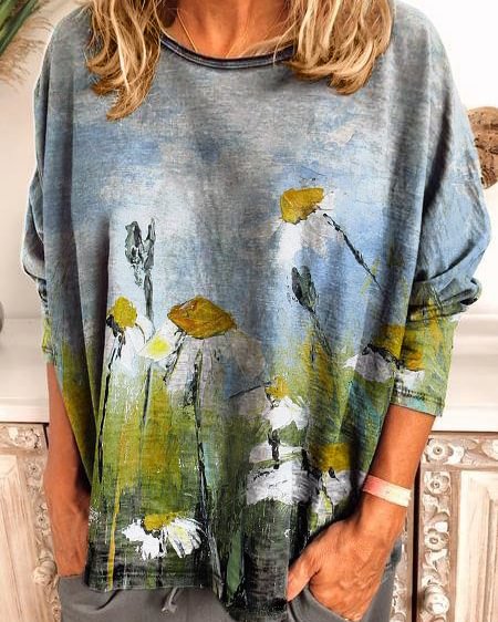 Long Sleeve Crew Neck Oil painting flowers Shirt & Top