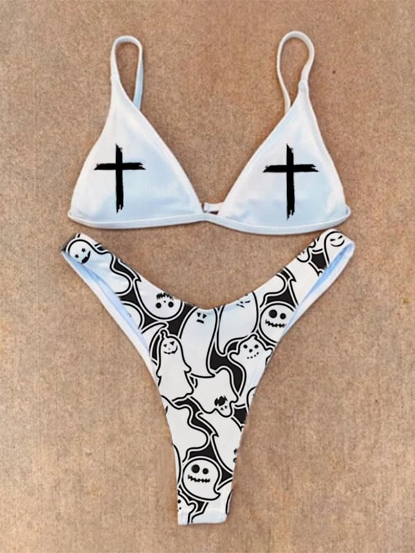 Ghost & Cross String Spaghetti Strap High Cut Triangle Bottom Two-piece Bikini Sets