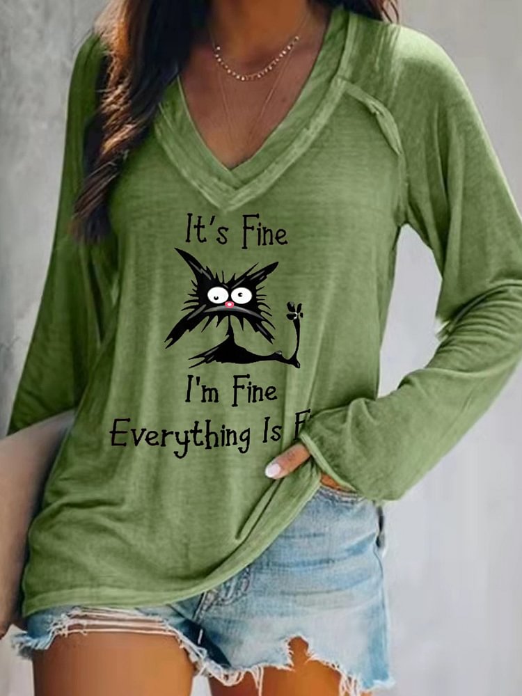 Women's It's Fine I'm Fine Everything Is Fine Funny Cat Long Sleeve T-Shirt