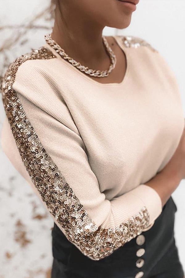 Womens Sequin Panel Long Sleeve Knit Top-Allyzone-Allyzone