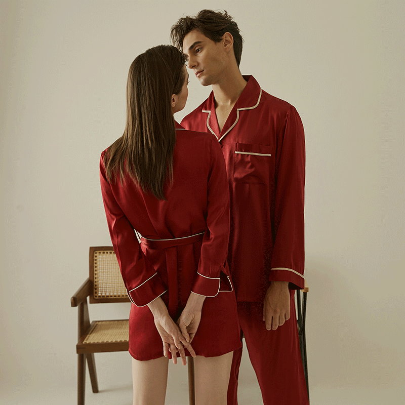 22MOMME Pyjama en soie rouge classique couple-Soie Plus