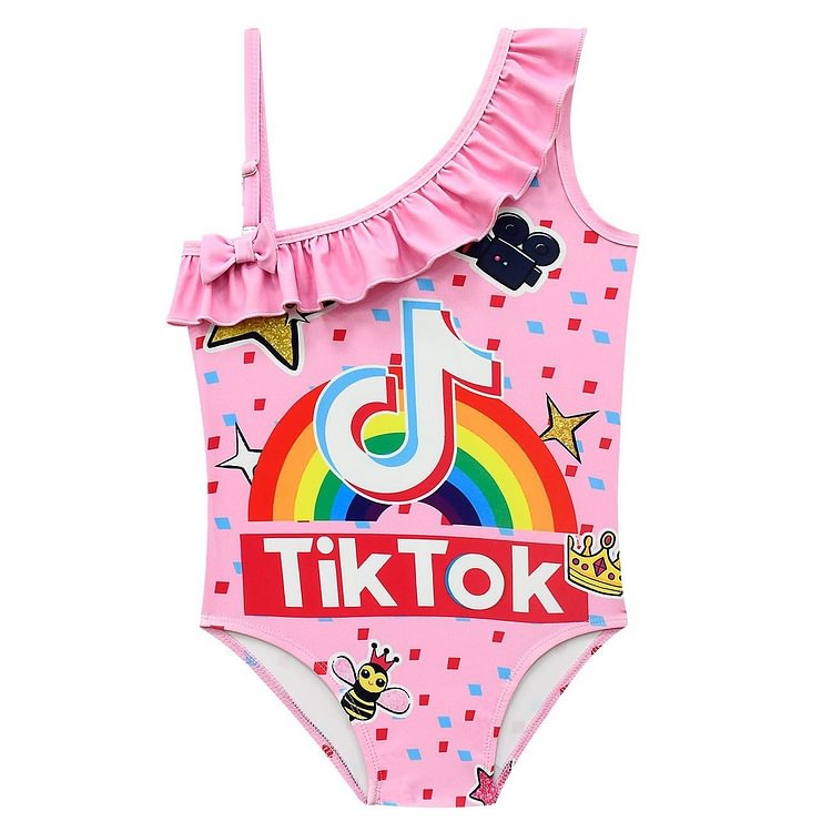 Mayoulove TikTok Rainbow Print Little Girls One Piece Ruffle Shoulder Swimsuit-Mayoulove