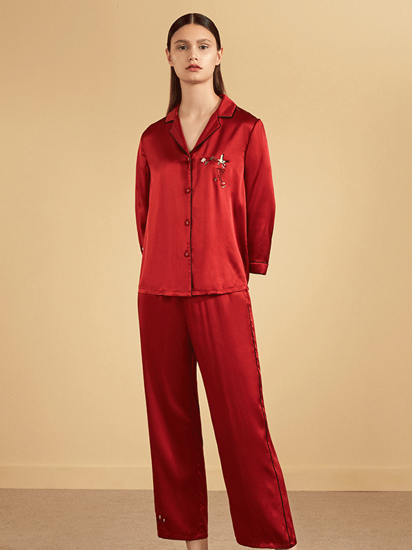 22 Momme High Quality Embroidery Silk Pajamas Set-Real Silk Life