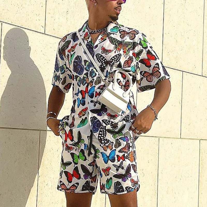 Butterfly  Hawaiian Printed Vacation Lapel Short Sleeves Suits Top With Pants Two Pieces Sets-VESSFUL