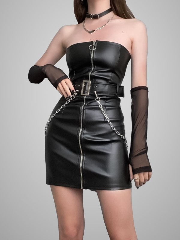 Dark Zipper Off-Shoulder Goth Bodycon Black Leather Dress