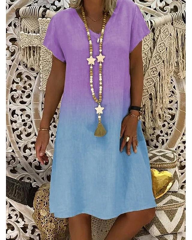 Women's Shift Dress Knee Length Dress - Short Sleeve Color Gradient Summer V Neck Hot Casual Purple Red Yellow Khaki S M L XL XXL 3XL 4XL 5XL-Corachic