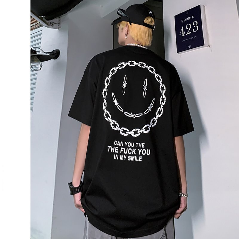 Wire Smiley Print T-Shirt / Techwear Club / Techwear