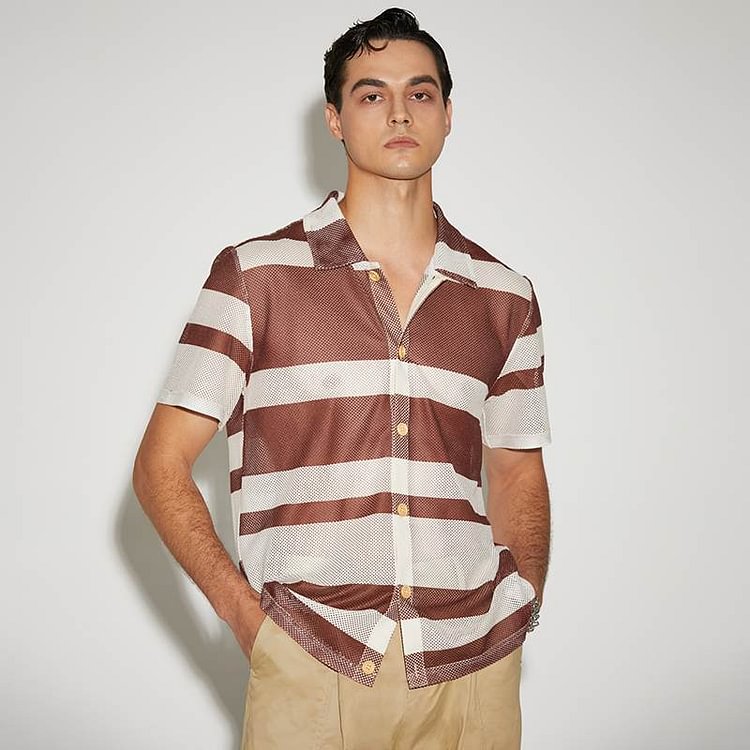 Striped See Through Summer Men's Casual Short Sleeve Shirts