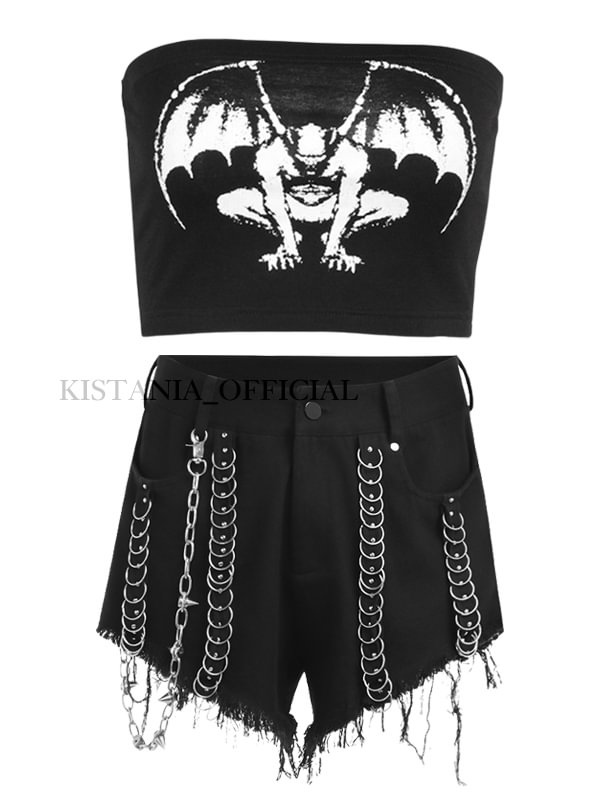 Graphic Bat Backless Crop Tube Top + Metallic Chain-trimmed Fringed High Rise Shorts 2 Pieces Sets