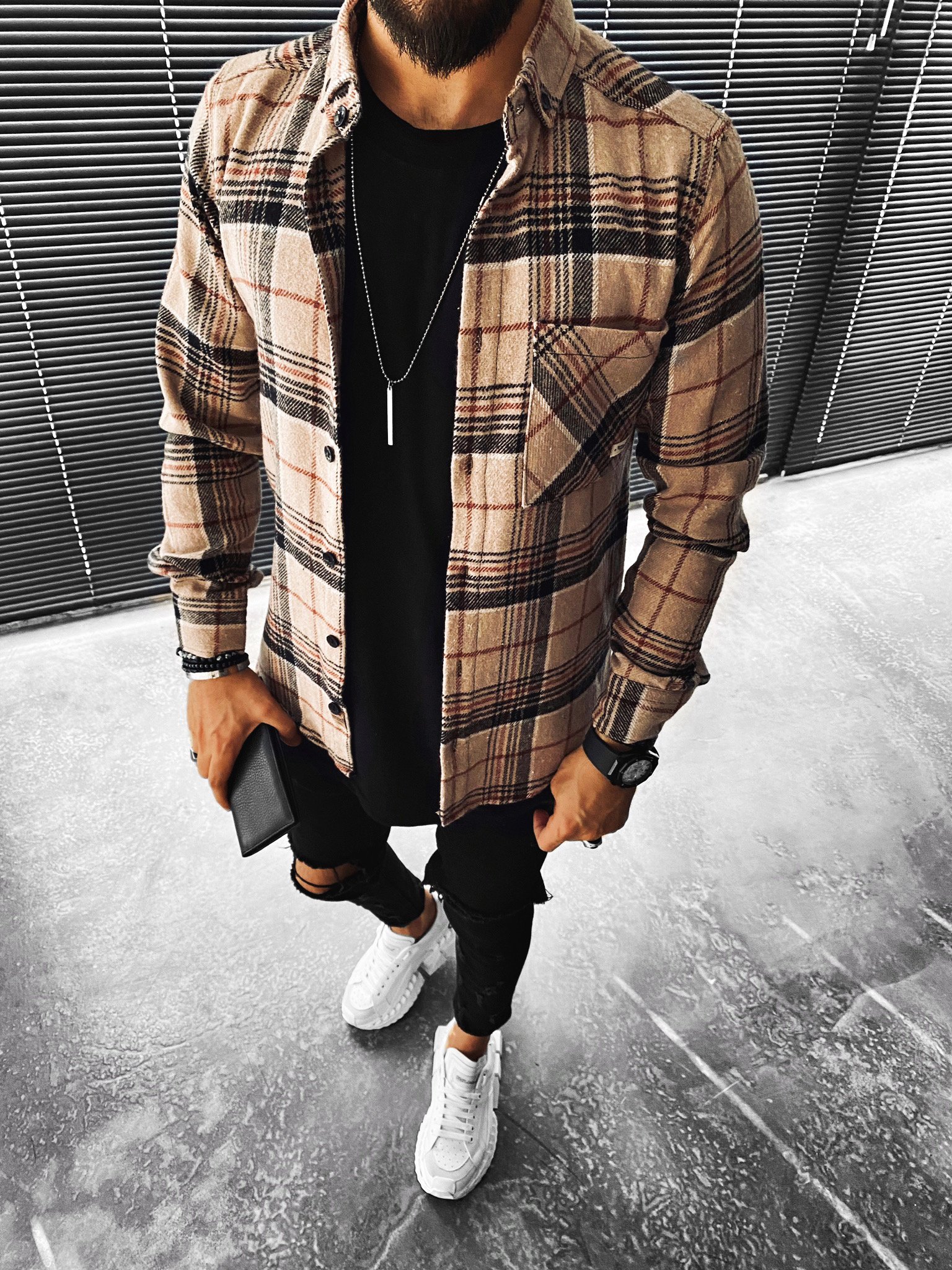 casual check textured long sleeve jacket