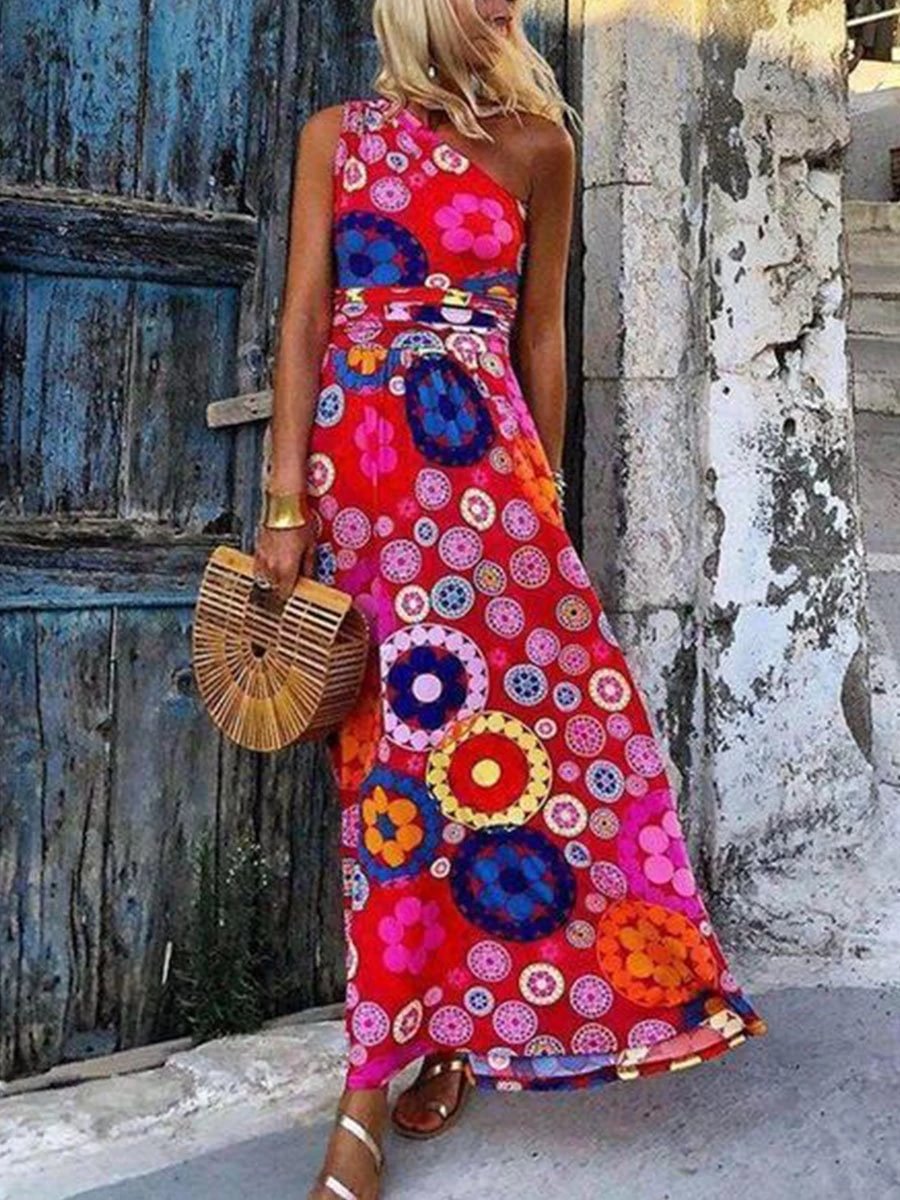 Fashion Floral Printed One Shoulder Maxi Dress P11563