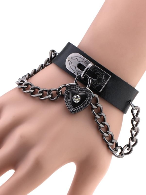 Punk Style Heart-shaped Metal Decorated Chain-trimmed Adjustable PU Bracelet