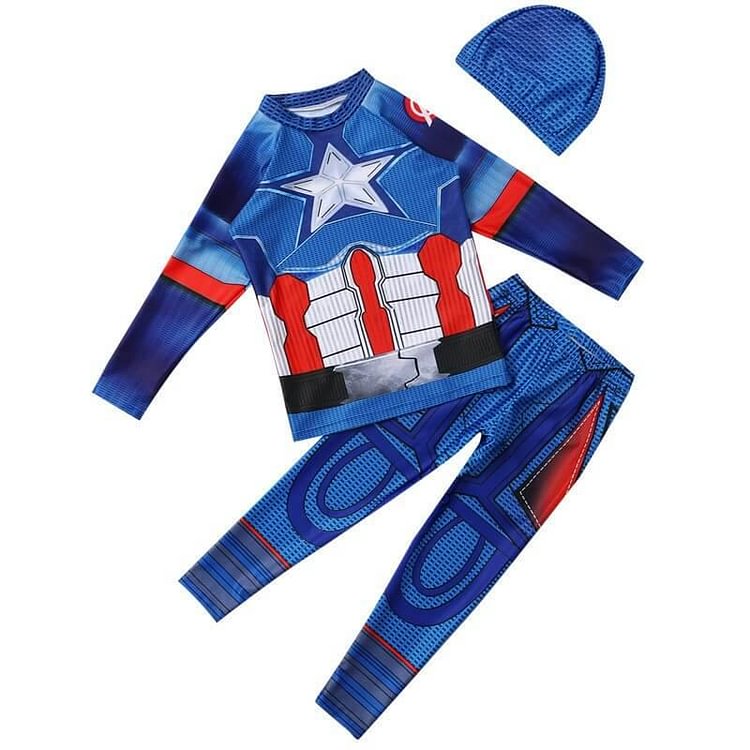 Boys Captain America Long Sleeve 3 Pieces Swimsuit Dive Skin Suit-Mayoulove