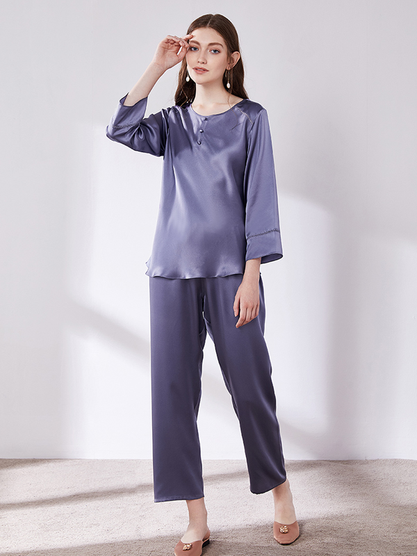 Casual Long Pure Color Silk Pajamas Set