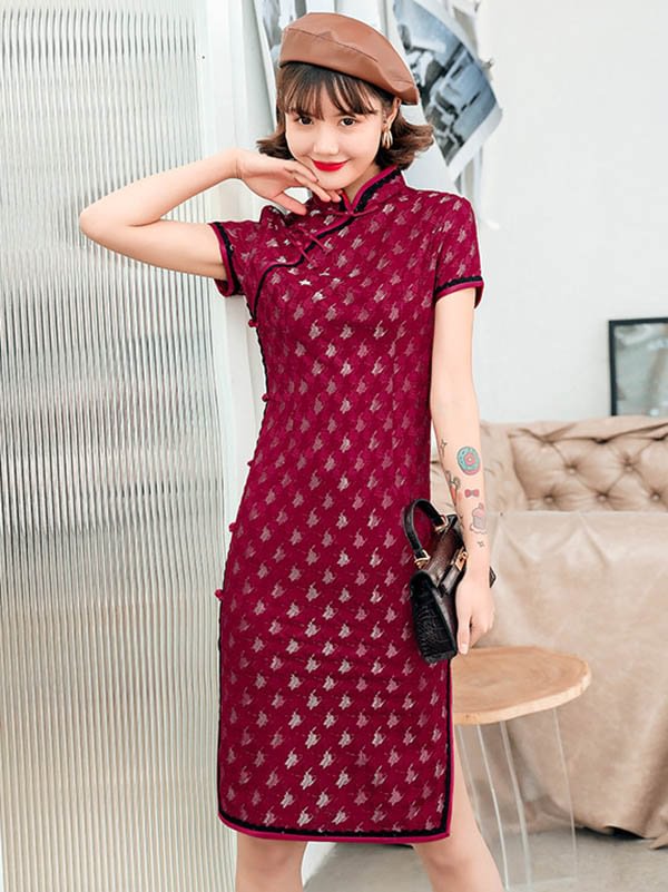 Houndstooth Lace Stand Collar Short Cheongsam