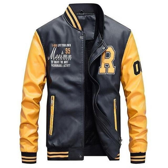 Men Baseball Jacket Embroidered Leather Pu Coats Slim Fit College Fleece Luxury Pilot Jackets-Corachic