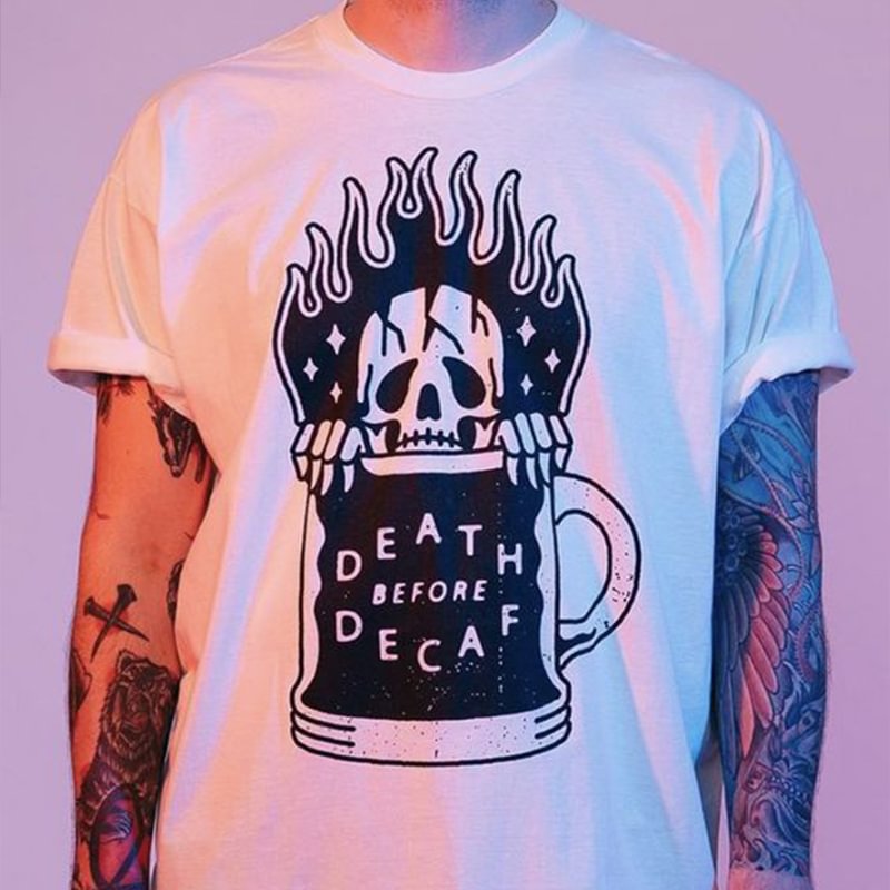 Death Before Decaf Skull Printed Men's T-shirt Designer - Krazyskull