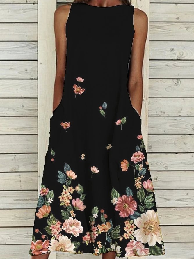 Pockets Sleeveless Casual Floral Dresses-Corachic