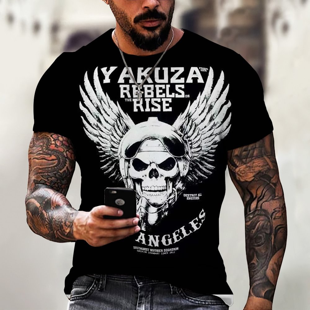 Skull&Wings 3D Printed Crew Neck Short-Sleeves Men T-Shirts-VESSFUL