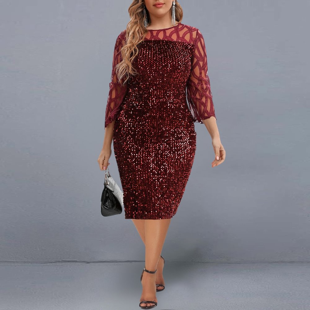 Women's Summer Dress Elegant Sequin Evening Party Dresses 2022 Mesh Patchwork Casual Midi Dress Wine Red Wedding Club Outfits