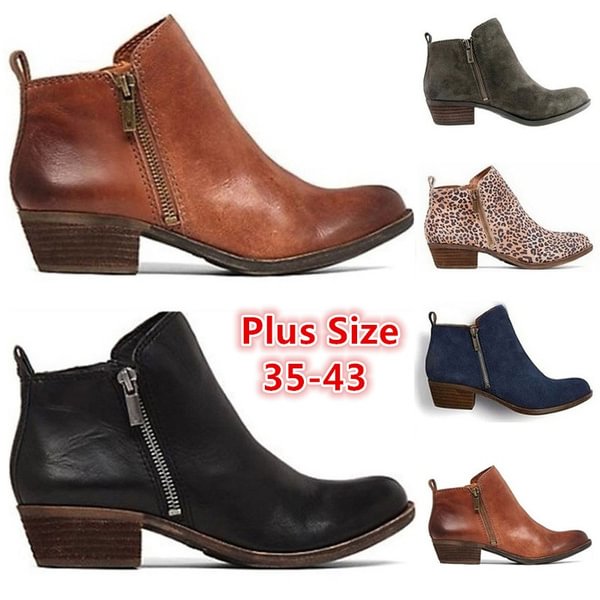 Women’s Fashion Casual Shoes Low Heel Booties Leather Zipper Martin Boots Short Boots Plus Size 35-43(Please Buy One Size Larger Than Usual)