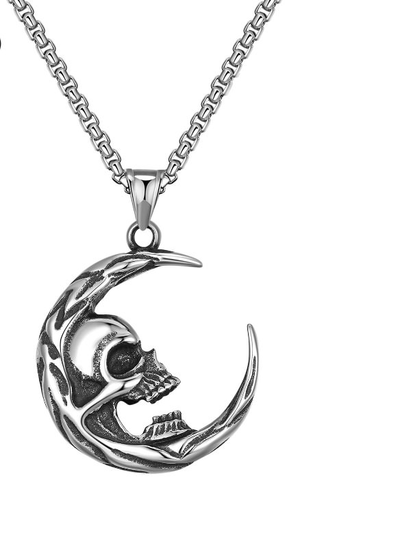 Fashion Hip Hop Crescent Moon Skull-Print Men's Necklace