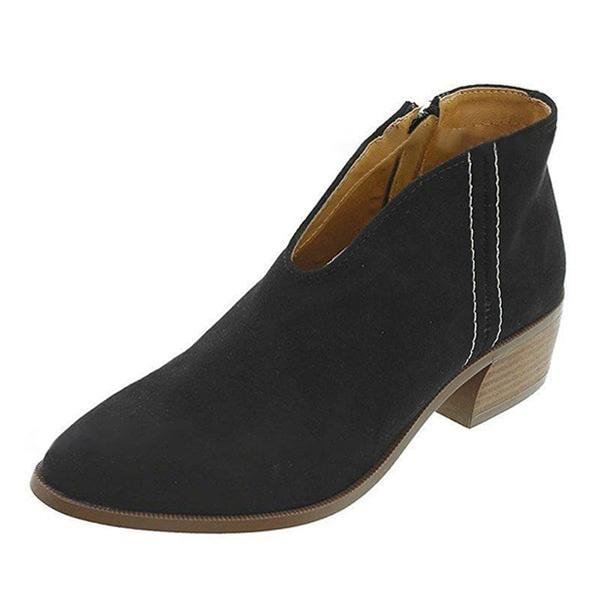 Plus Size Women Casual Comfy Suede V Shape Chunky Heel Zip Ankle Boots - vzzhome
