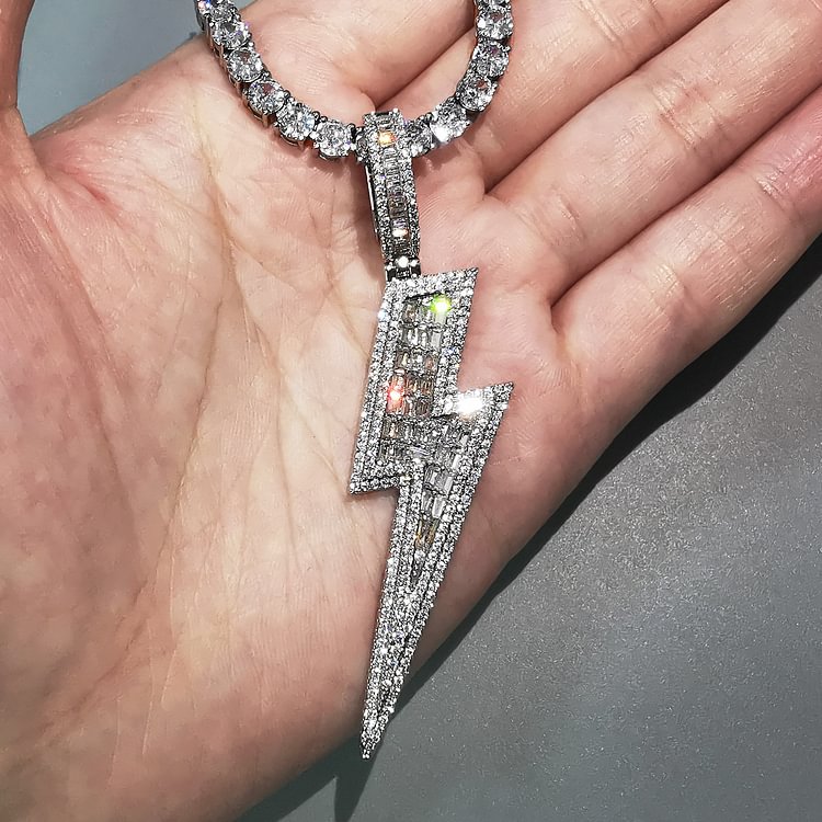 Iced Out Lightning Pendant Baguette Zircon Necklace