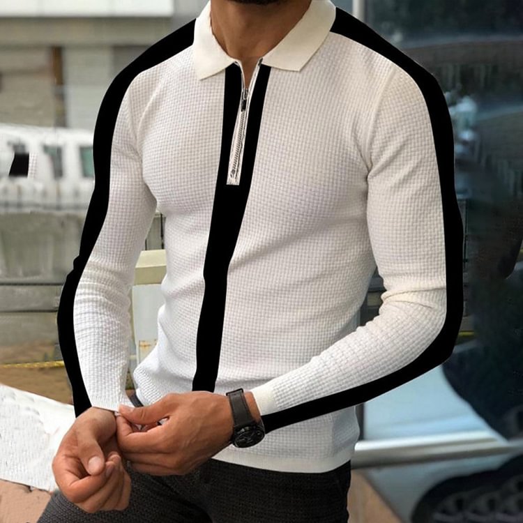 BrosWear Fashion Zipper Long Sleeve Waffle Polo Shirt