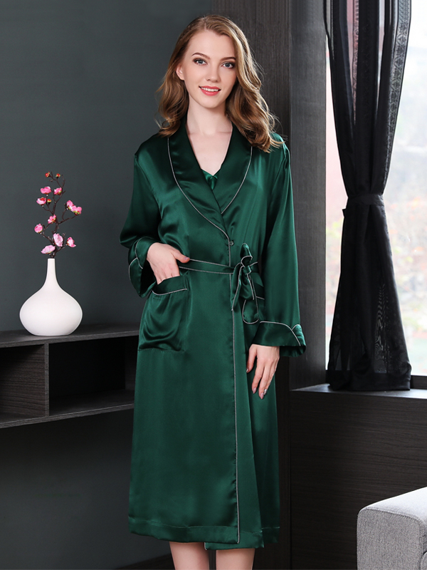 Contrast Trim And Full Length Silk Robe Green