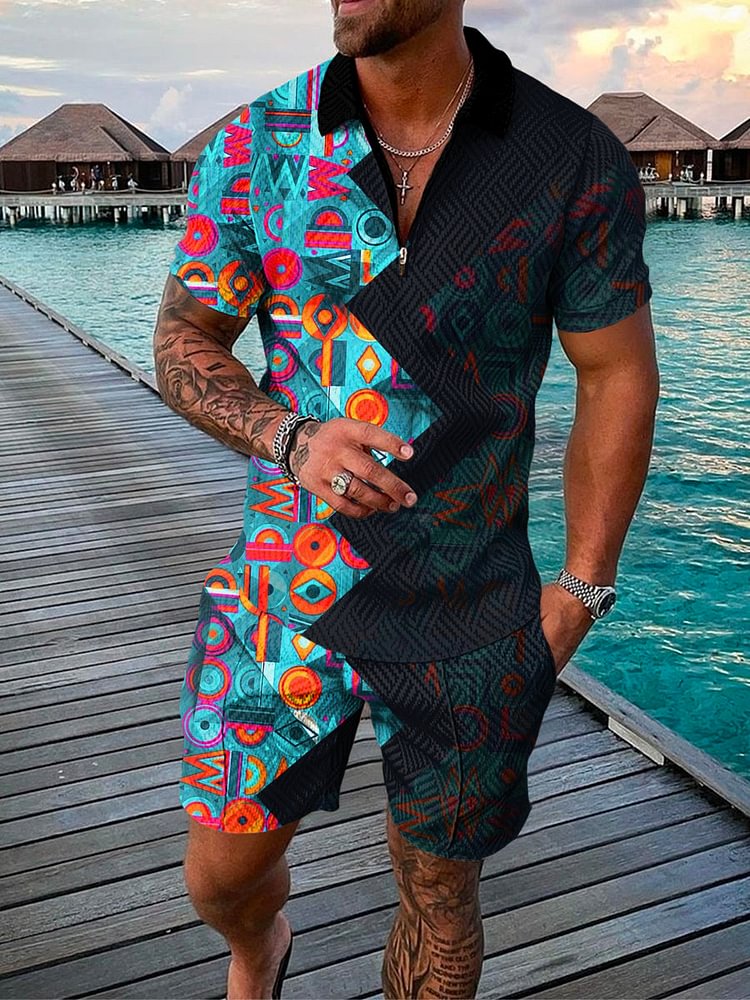 Men's Seaside Contrast Color Graffiti Printing Polo Suit