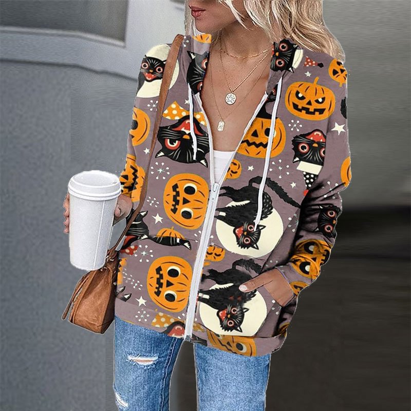 Halloween Pumpkins And Cats Pattern Print Women Zipper Sweatshirt