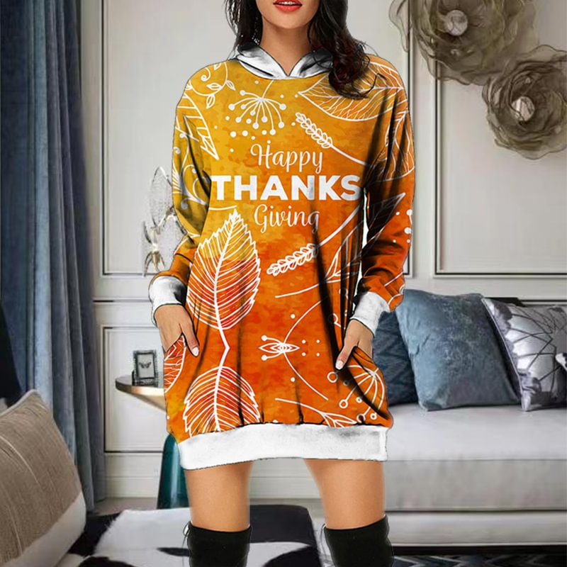 Happy Thanks Printed Casual Women Hooded Dress