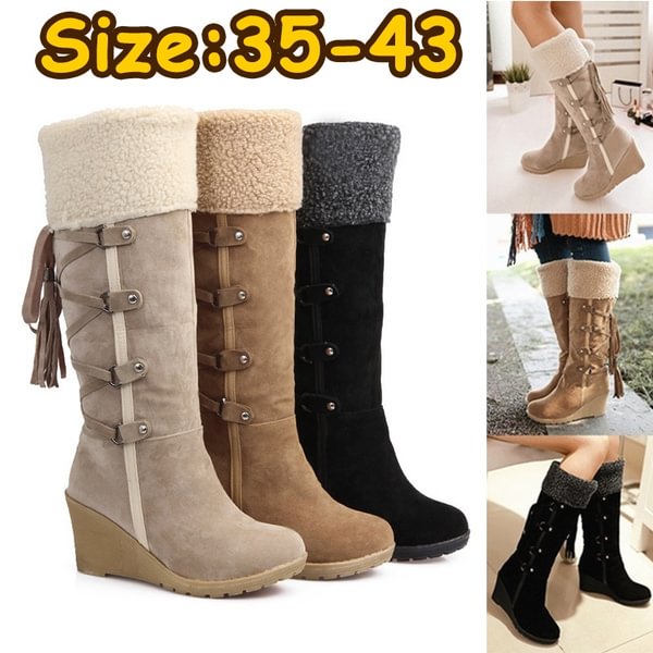 Warm Winter Women Snow Boots Wedges Knee High Slip-Resistant Boots Thermal Female Cotton-Padded Shoes