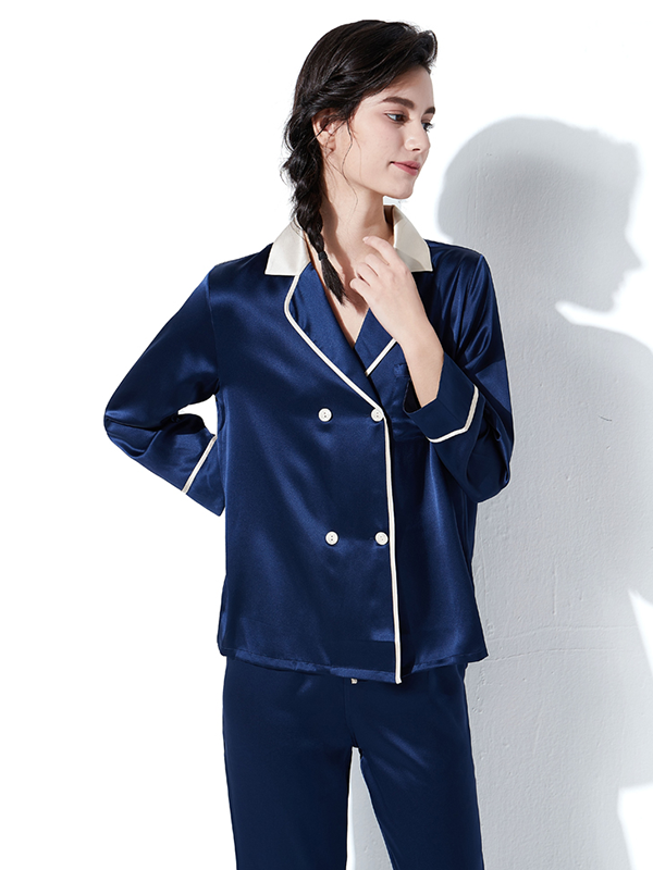 22 Momme Lapel Collar Double-breasted Silk Pajamas-Real Silk Life