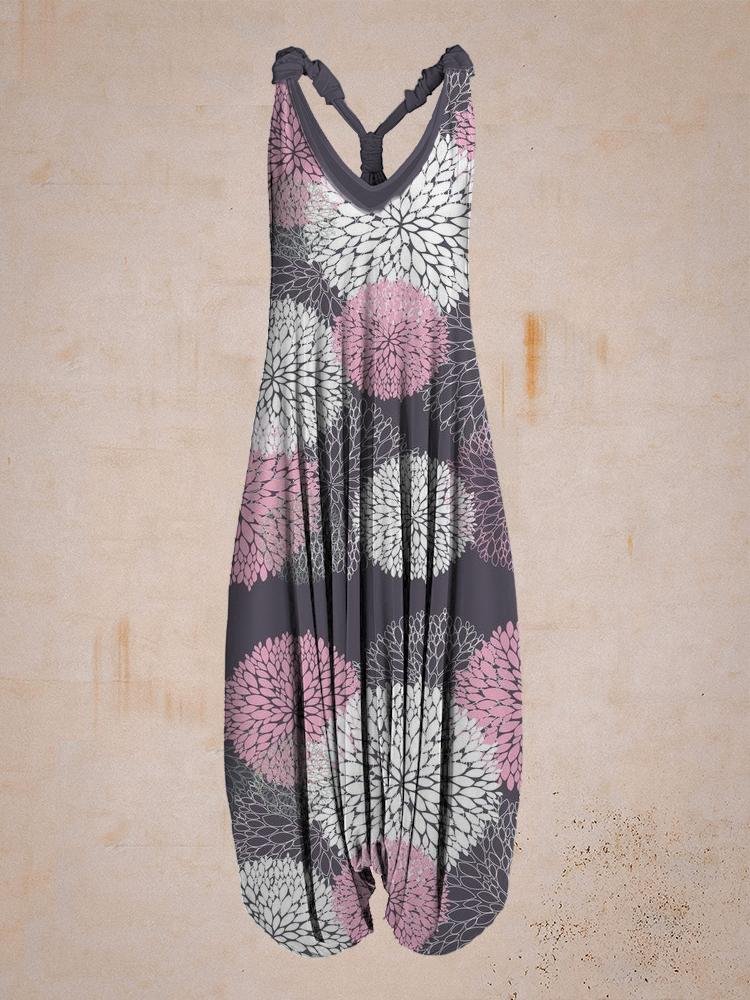 Women Summer Retro&Floral Print Sleeveless Harem Jumpsuit