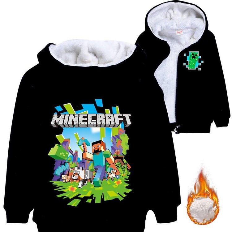 Mayoulove Minecraft Print Girls Boys Fleece Lined Winter Cotton Zip Up Hoodie-Mayoulove